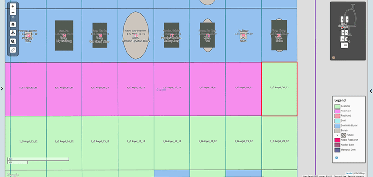 A color-coordinated CIMS Platinum map shows occupied, reserved, and available grave spaces.