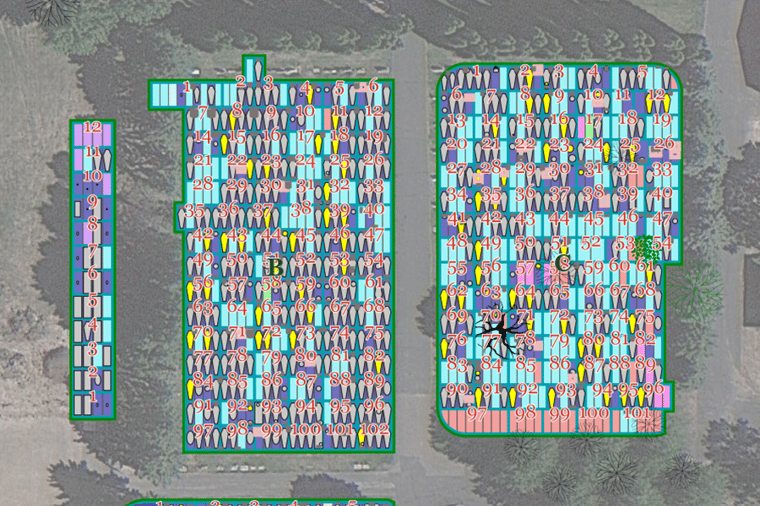 An interactive cemetery map in Burial Search by CIMS cemetery software.