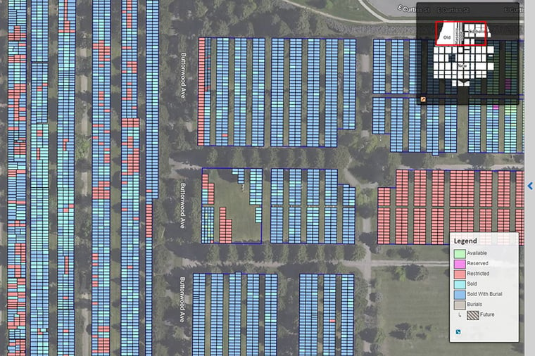 A color-coordinated grid appears over an aerial photograph of Sunset Hills Cemetery. Red rectangles designated restricted plots, green rectangles designate available spaces, and blue rectangles designate sold spaces.