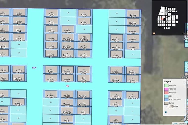 A closer look at CIMS cemetery software. Sold grave spaces appear with owners' names.