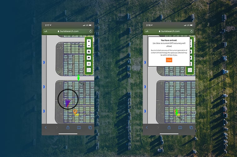 Screenshots show a digital cemetery map. A purple arrow designates grave direction, while a green icon shows the current location of the user.