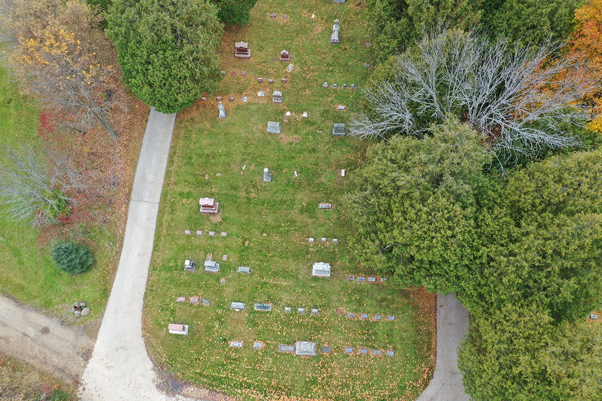 Drone imagery of the cemetery grounds at St. Francis Borgia Cemetery.