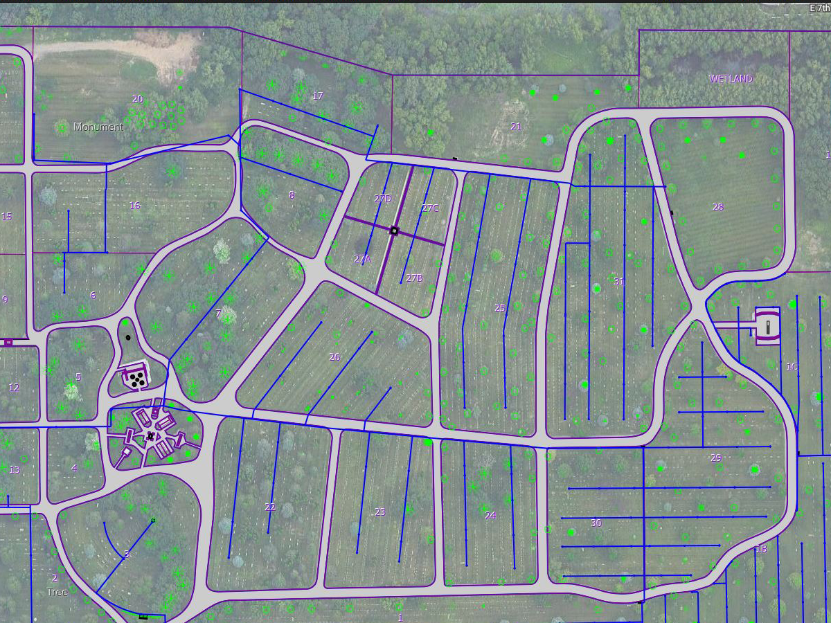 A cemetery map in CIMS cemetery mapping software
