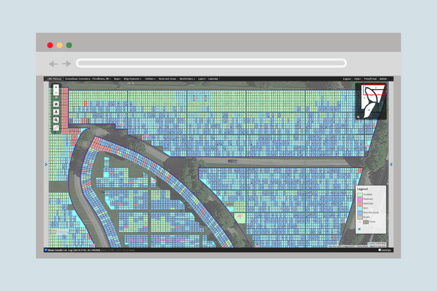 A CIMS Platinum cemetery map in a web browser window. Rows of color-coordinated grave spaces.